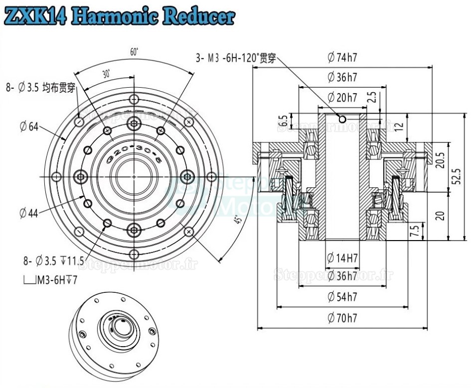 Réducteur harmonique de type creux série ZXK, Rapport 30:1/50:1/80:1/100:1/120:1/160:1, contrecoup 30 arcsec Réducteur harmonique de type creux série ZXK, Rapport 30:1/50:1/80:1/100:1/120:1/160:1, contrecoup 30 arcsec