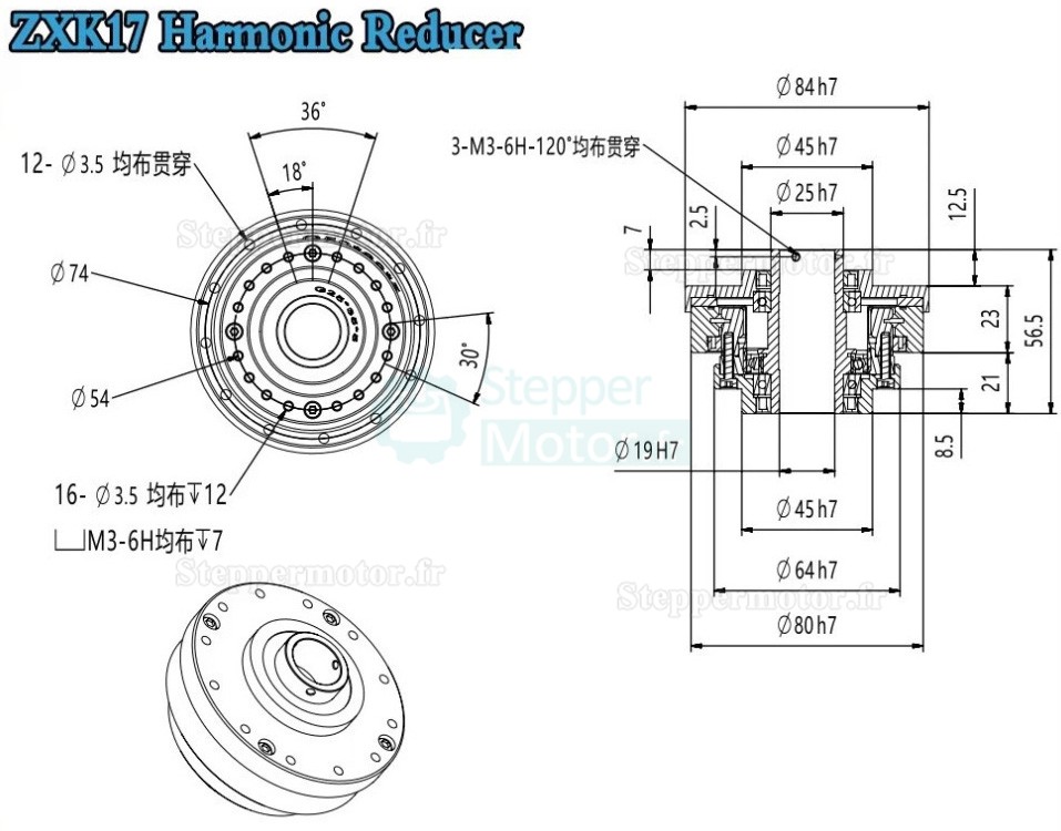 R&eacute;ducteur harmonique de type creux s&eacute;rie ZXK, Rapport 30:1/50:1/80:1/100:1/120:1/160:1, contrecoup 30 arcsec