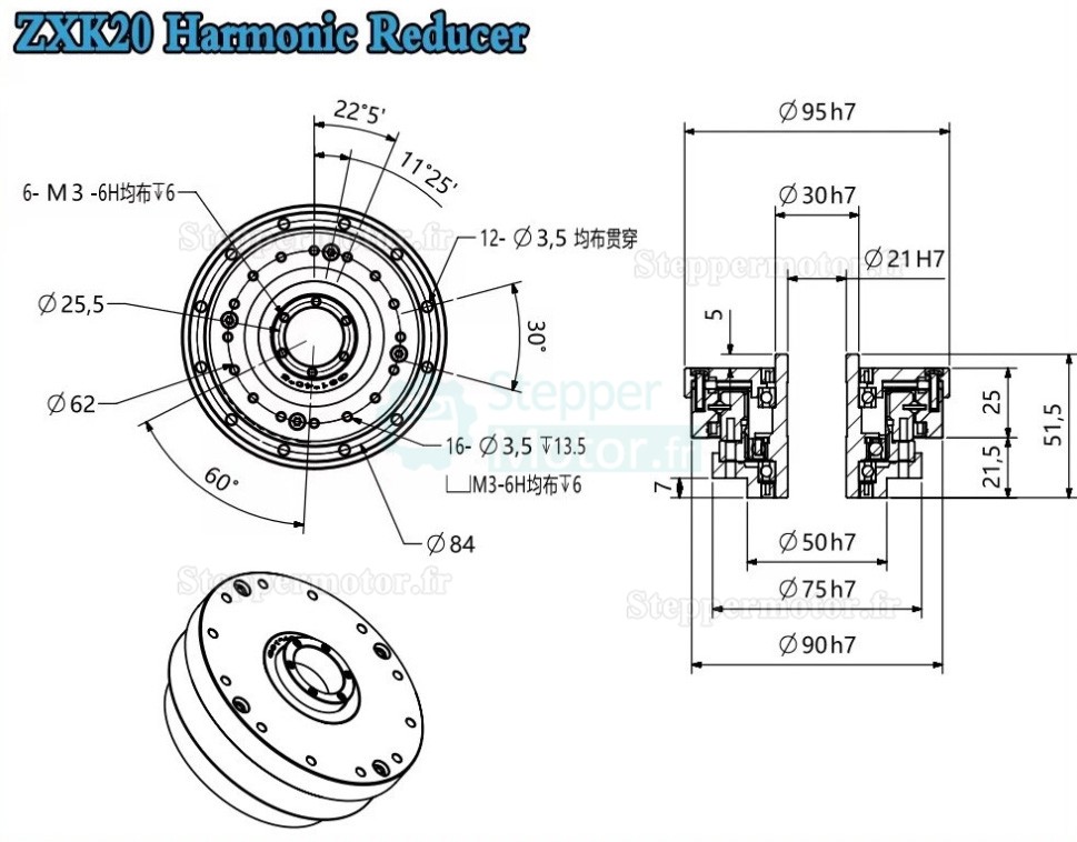Réducteur harmonique de type creux série ZXK, Rapport 30:1/50:1/80:1/100:1/120:1/160:1, contrecoup 30 arcsec Réducteur harmonique de type creux série ZXK, Rapport 30:1/50:1/80:1/100:1/120:1/160:1, contrecoup 30 arcsec