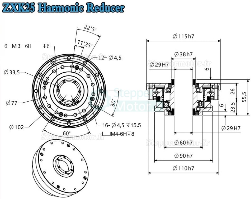 Réducteur harmonique de type creux série ZXK, Rapport 30:1/50:1/80:1/100:1/120:1/160:1, contrecoup 30 arcsec Réducteur harmonique de type creux série ZXK, Rapport 30:1/50:1/80:1/100:1/120:1/160:1, contrecoup 30 arcsec
