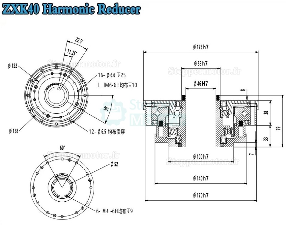 Réducteur harmonique de type creux série ZXK, Rapport 30:1/50:1/80:1/100:1/120:1/160:1, contrecoup 30 arcsec Réducteur harmonique de type creux série ZXK, Rapport 30:1/50:1/80:1/100:1/120:1/160:1, contrecoup 30 arcsec