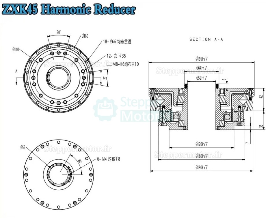 Réducteur harmonique de type creux série ZXK, Rapport 30:1/50:1/80:1/100:1/120:1/160:1, contrecoup 30 arcsec Réducteur harmonique de type creux série ZXK, Rapport 30:1/50:1/80:1/100:1/120:1/160:1, contrecoup 30 arcsec