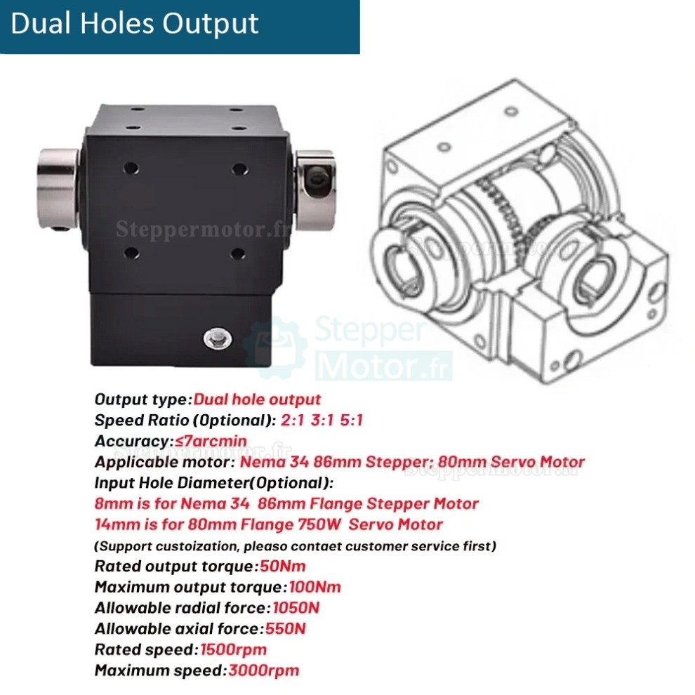 Réducteurs à engrenage conique à angle droit Nema 34 rapport 2:1/3:1/5:1 pour moteur pas à pas NEMA 34/servomoteur 80mm Réducteurs à engrenage conique à angle droit Nema 34 rapport 2:1/3:1/5:1 pour moteur pas à pas NEMA 34/servomoteur 80mm
