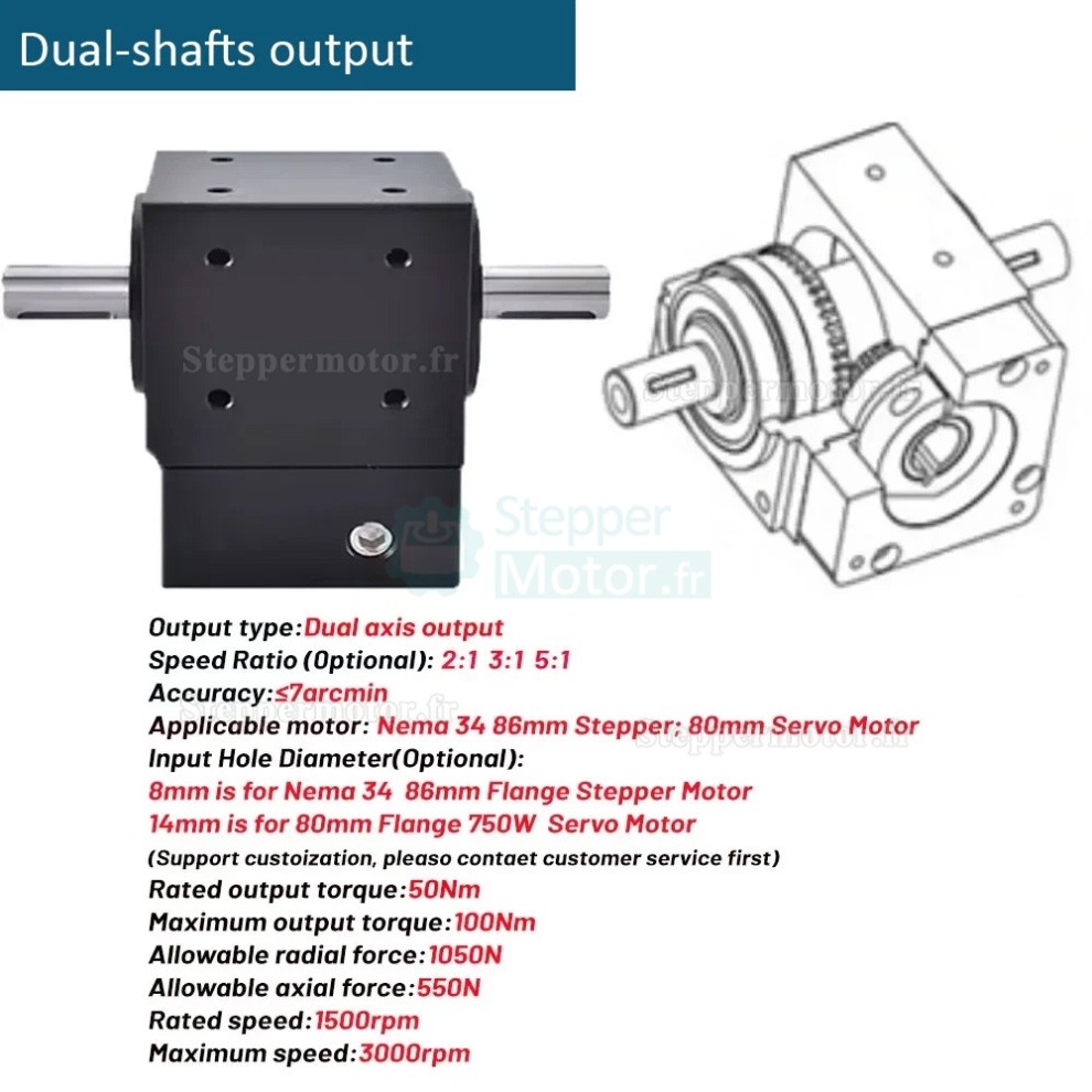 Réducteurs à engrenage conique à angle droit Nema 34 rapport 2:1/3:1/5:1 pour moteur pas à pas NEMA 34/servomoteur 80mm Réducteurs à engrenage conique à angle droit Nema 34 rapport 2:1/3:1/5:1 pour moteur pas à pas NEMA 34/servomoteur 80mm