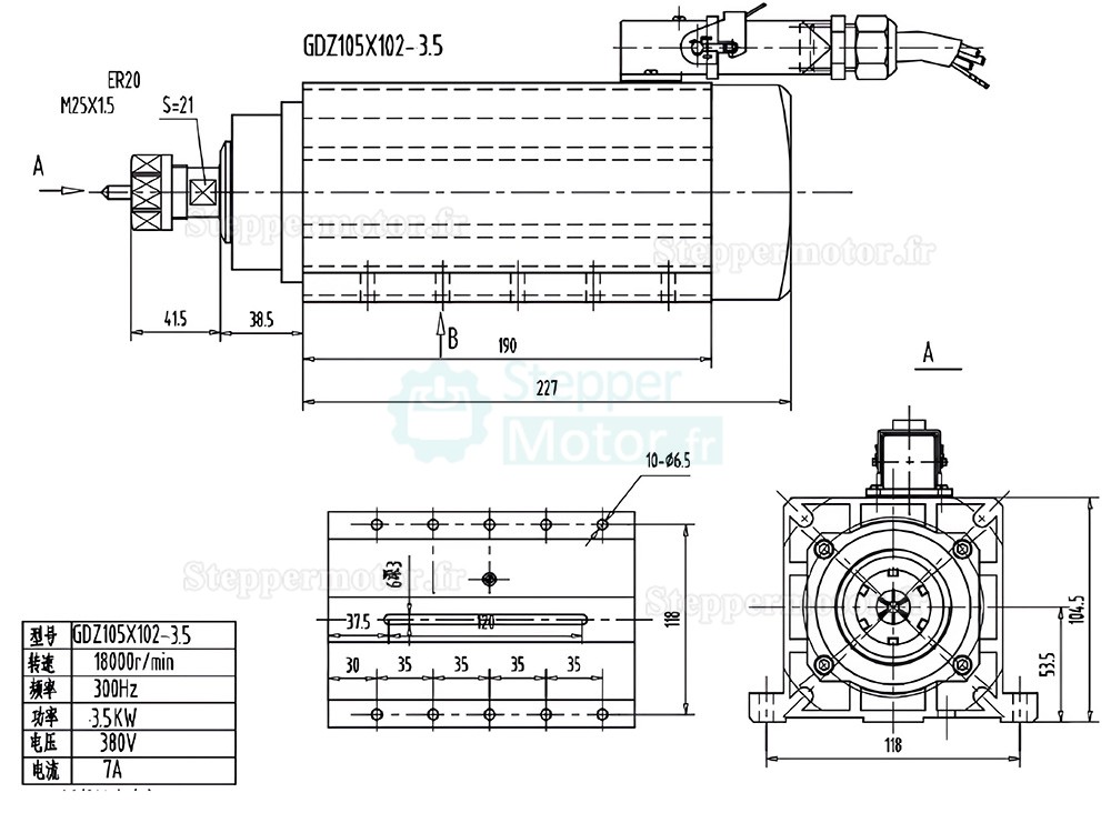 3,5kW 220V/380V Kit moteur de broche refroidi par air GDZ105X102-3.5 + H100-3.7S2/T4 avec variateur de fr&eacute;quence (VFD) et 13 pi&egrave;ces pinces ER20